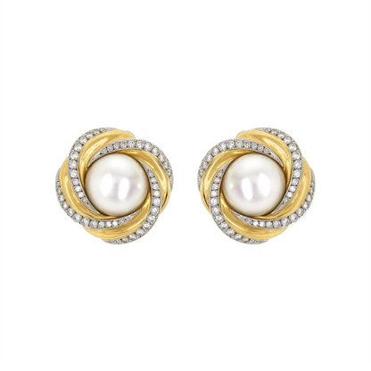 Mikimoto Mabe Pearl and Diamond Two-Tone 18 Carat Gold Lever-Back Earrings