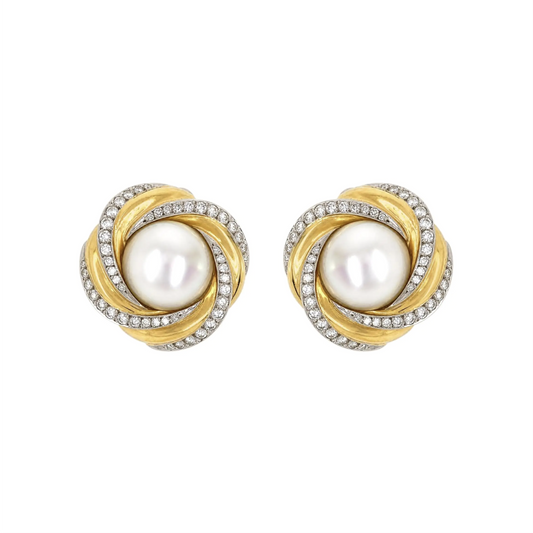 Mikimoto Mabe Pearl and Diamond Two-Tone 18 Carat Gold Lever-Back Earrings