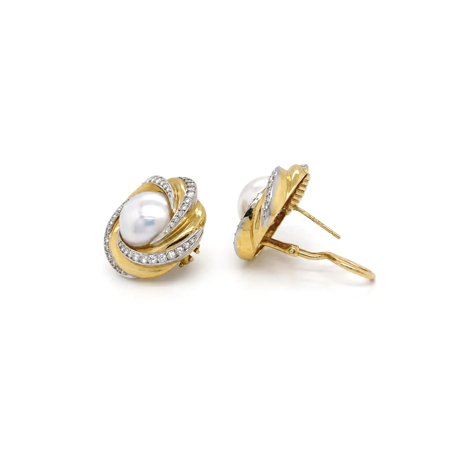 Mikimoto Mabe Pearl and Diamond Two-Tone 18 Carat Gold Lever-Back Earrings
