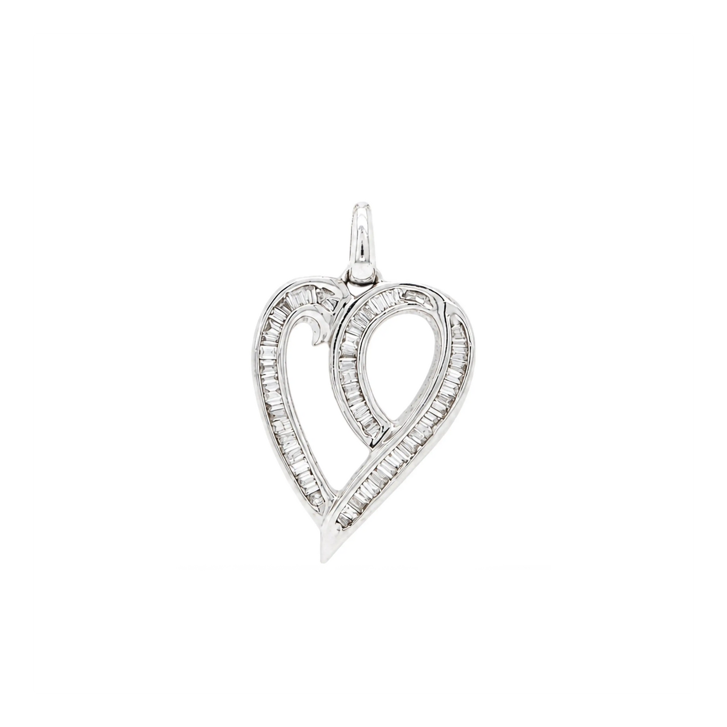 Tapered Baguette Cut Diamond 14 Carat White Gold Openwork Heart Pendant