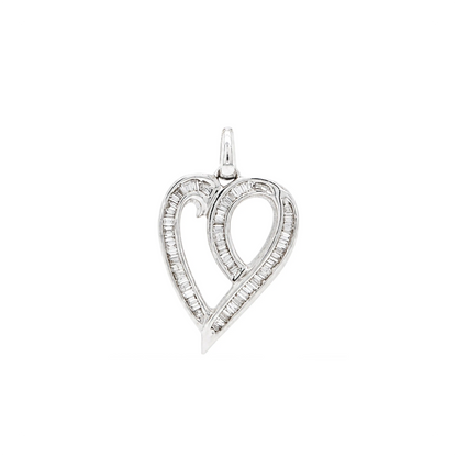 Tapered Baguette Cut Diamond 14 Carat White Gold Openwork Heart Pendant