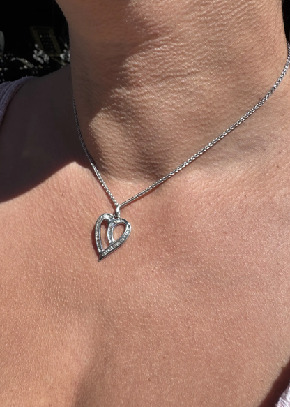 Tapered Baguette Cut Diamond 14 Carat White Gold Openwork Heart Pendant