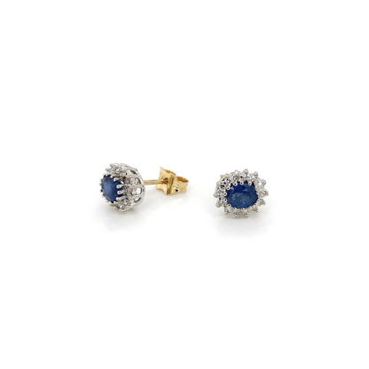 Blue Sapphire and Diamond Halo Oval Stud Earrings in 9 Carat Gold