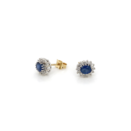 Blue Sapphire and Diamond Halo Oval Stud Earrings in 9 Carat Gold