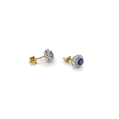 Blue Sapphire and Diamond Halo Oval Stud Earrings in 9 Carat Gold