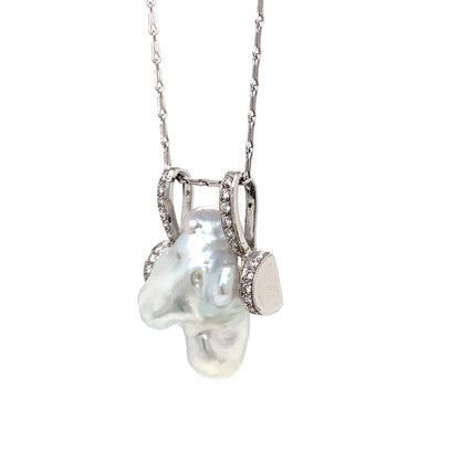 Large Baroque Cultured Pearl & Diamond 18 Carat White Gold Pendant Necklace