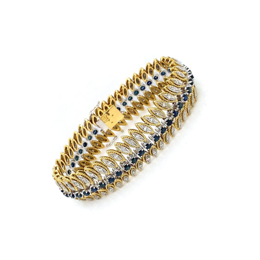 Blue Sapphire & Diamond 18 Carat Yellow and White Gold Leaf Motif Wide Bracelet