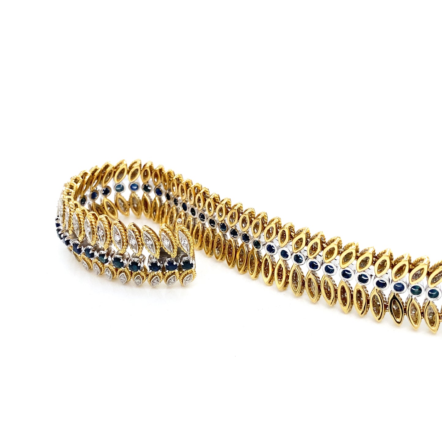 Blue Sapphire & Diamond 18 Carat Yellow and White Gold Leaf Motif Wide Bracelet