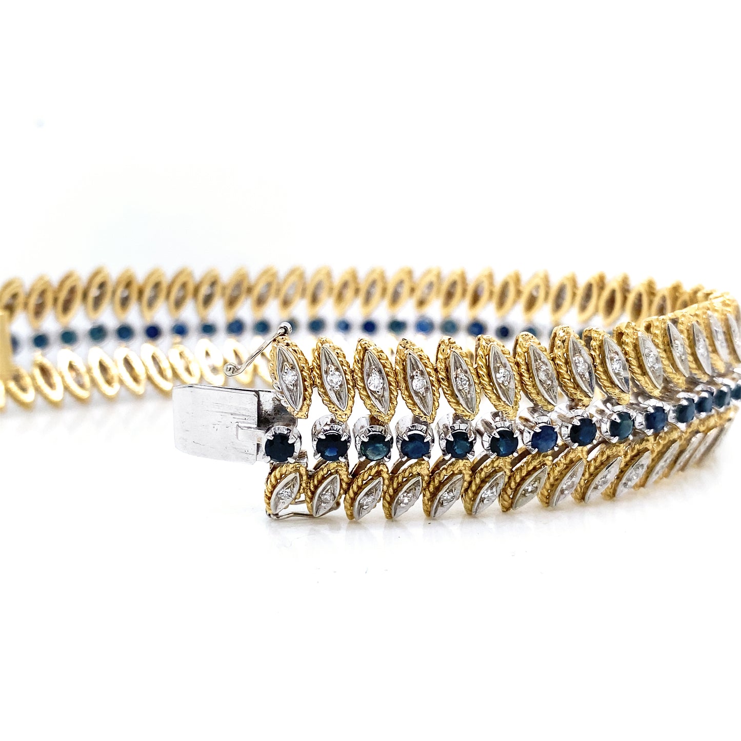 Blue Sapphire & Diamond 18 Carat Yellow and White Gold Leaf Motif Wide Bracelet