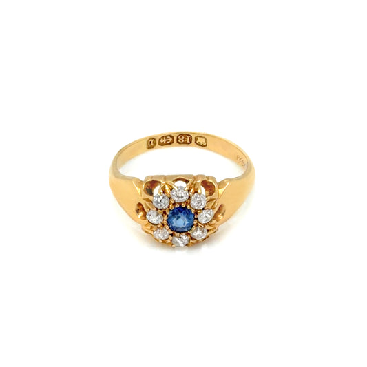 Mid-Victorian Sapphire & Diamond 18 Carat Yellow Gold Antique Cluster Ring, 1876