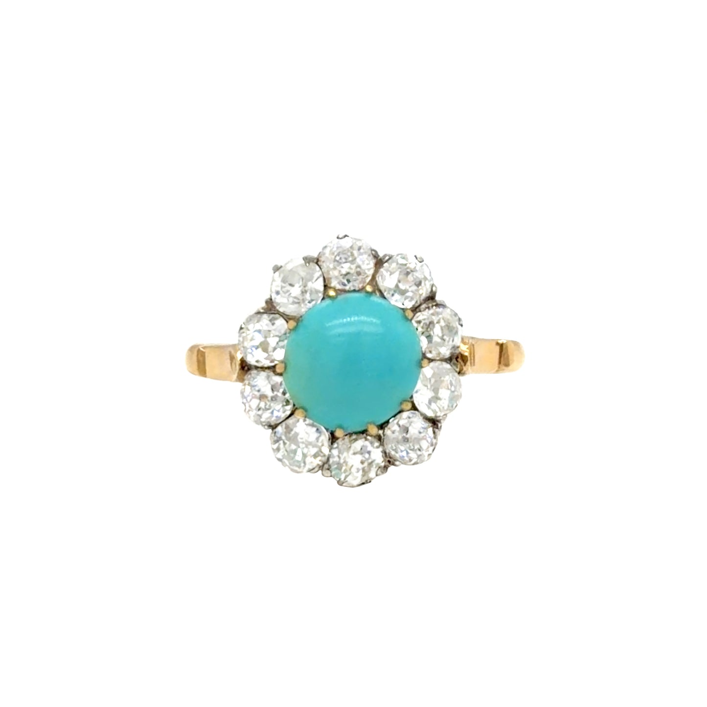 Cabochon Turquoise & Old Cut Diamond 18K Gold and Platinum Coronet Cluster Ring