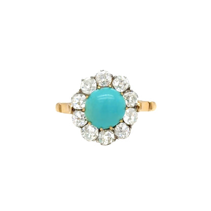 Cabochon Turquoise & Old Cut Diamond 18K Gold and Platinum Coronet Cluster Ring