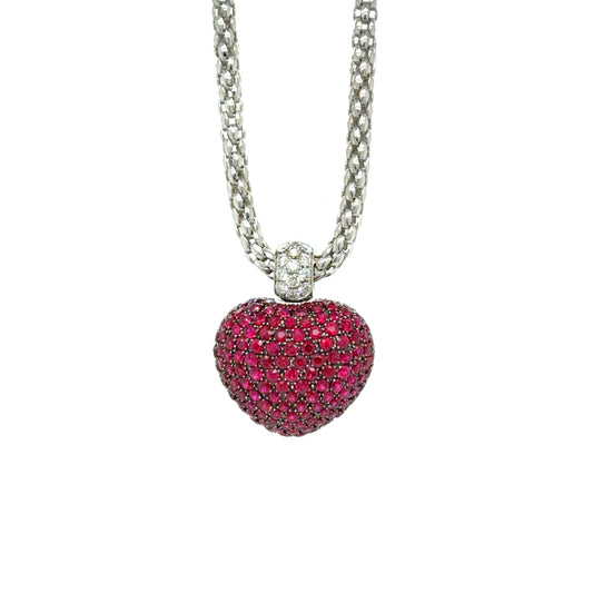 Pavé Ruby and Diamond Three-Dimensional Heart Pendant in 18 Carat White Gold