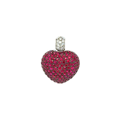 Pavé Ruby and Diamond Three-Dimensional Heart Pendant in 18 Carat White Gold