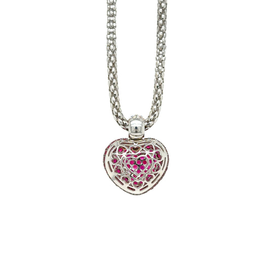 Pavé Ruby and Diamond Three-Dimensional Heart Pendant in 18 Carat White Gold