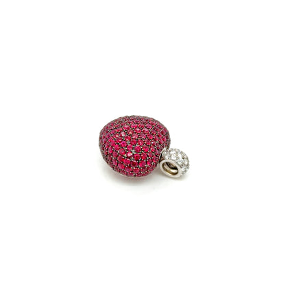 Pavé Ruby and Diamond Three-Dimensional Heart Pendant in 18 Carat White Gold