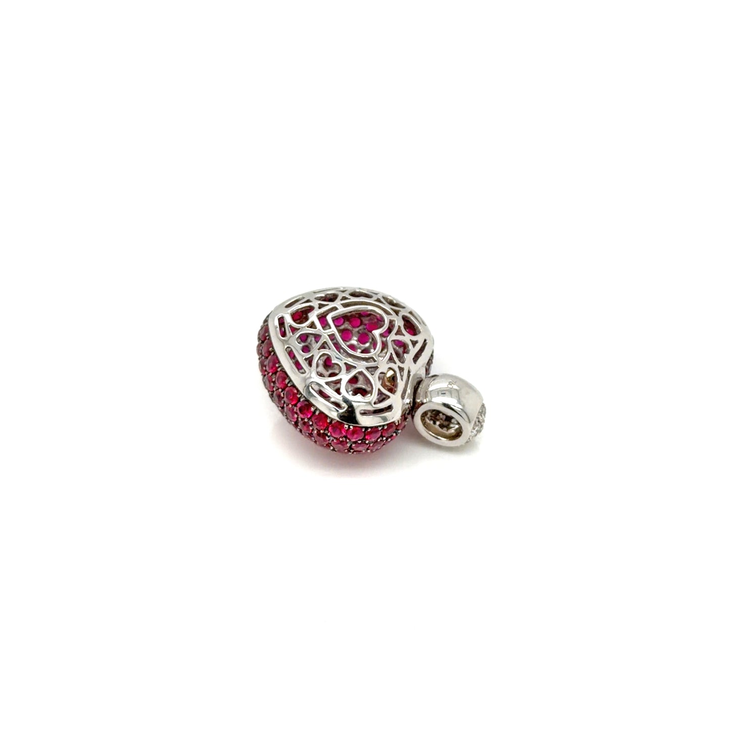 Pavé Ruby and Diamond Three-Dimensional Heart Pendant in 18 Carat White Gold