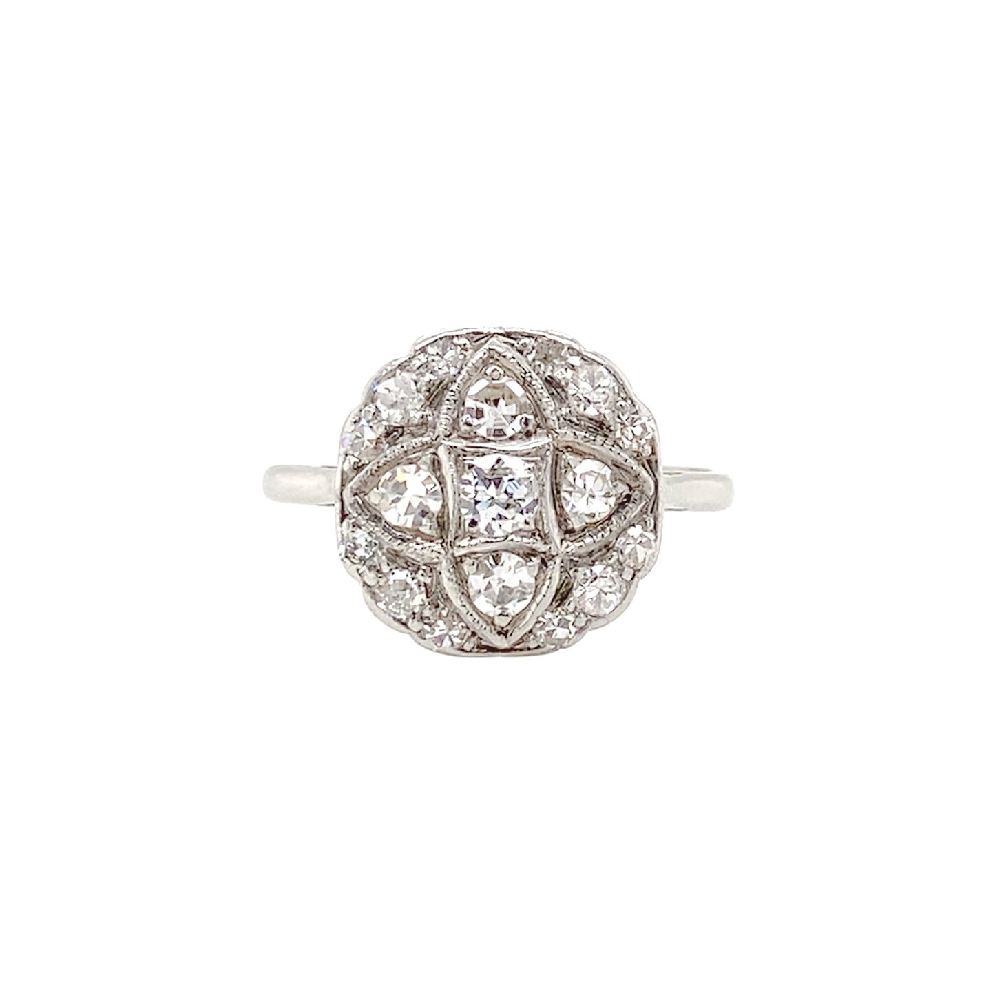 Antique Old Cut Diamond Platinum & 18 Carat White Gold Art Deco Cluster Ring