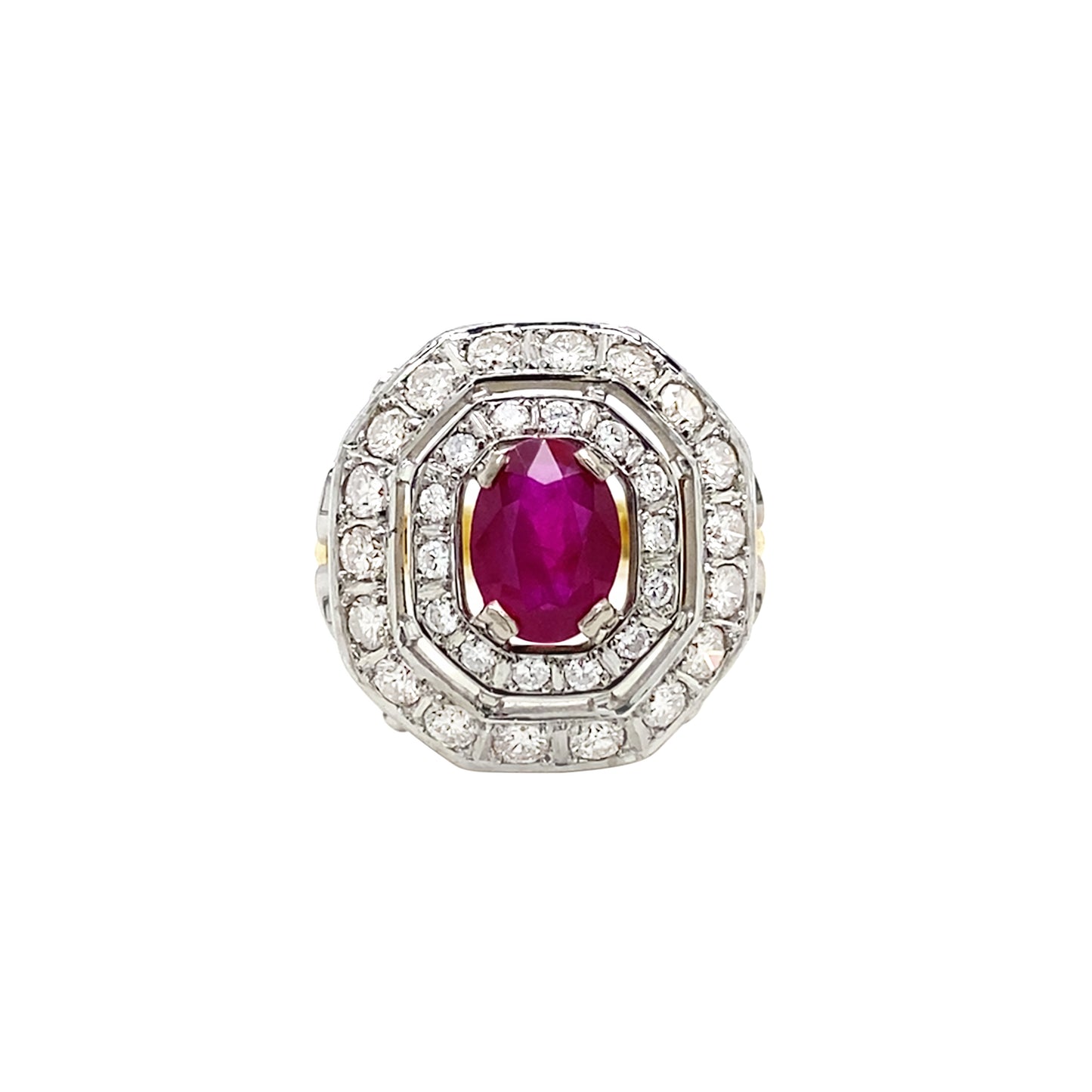 Oval Ruby and Diamond Double Halo 18K Yellow & White Gold Octagonal Dress Ring