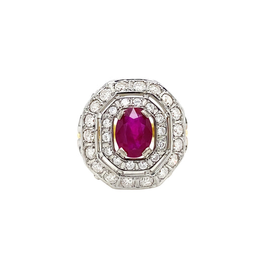 Oval Ruby and Diamond Double Halo 18K Yellow & White Gold Octagonal Dress Ring