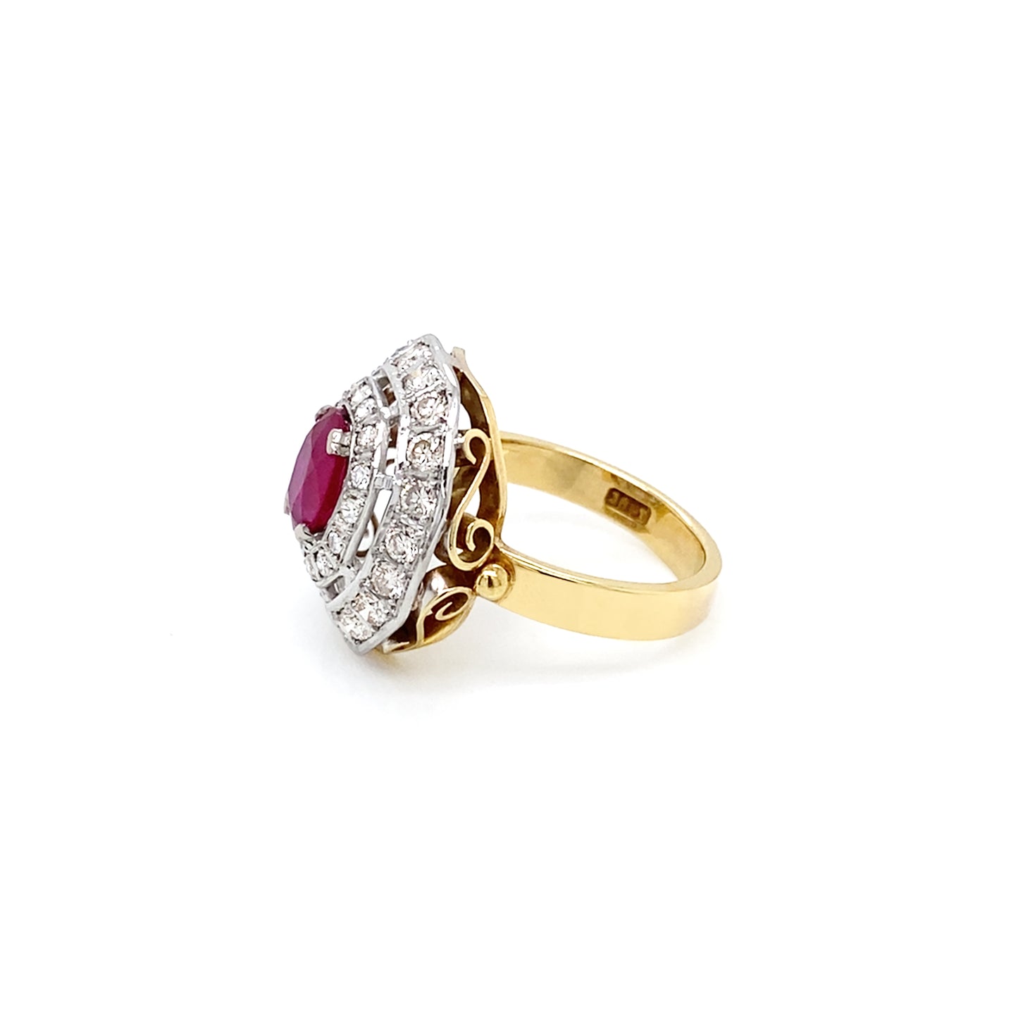 Oval Ruby and Diamond Double Halo 18K Yellow & White Gold Octagonal Dress Ring
