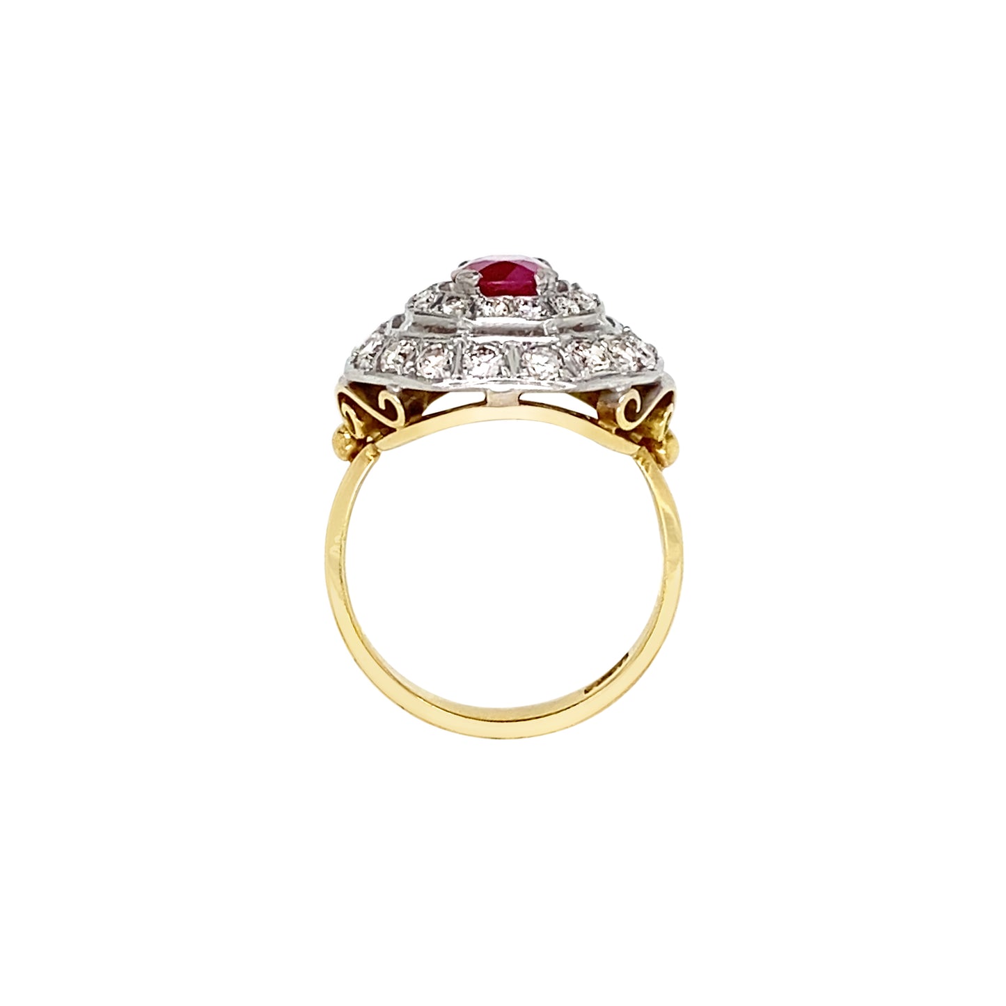 Oval Ruby and Diamond Double Halo 18K Yellow & White Gold Octagonal Dress Ring