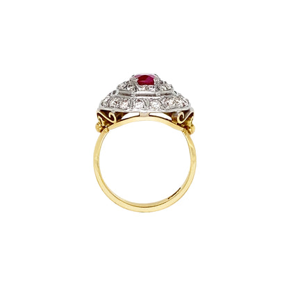 Oval Ruby and Diamond Double Halo 18K Yellow & White Gold Octagonal Dress Ring