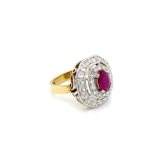 Oval Ruby and Diamond Double Halo 18K Yellow & White Gold Octagonal Dress Ring