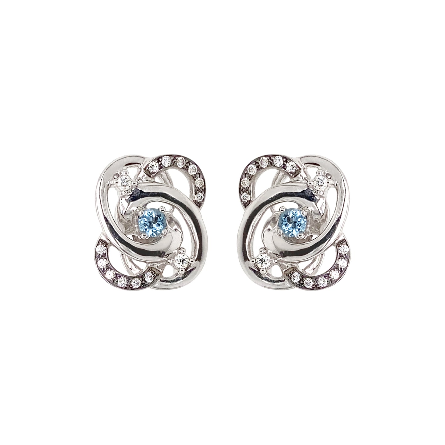 Aquamarine and Diamond 18 Carat White Gold Interwoven Open Work Stud Earrings
