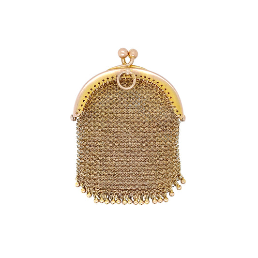 Antique 9 Carat Yellow Gold Miniature Mesh Coin Purse/ Pendant, circa 1910s