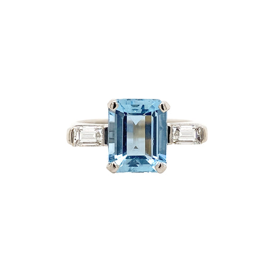 Aquamarine and Diamond 18 Carat White Gold Art Deco Style Three-Stone Dress Ring
