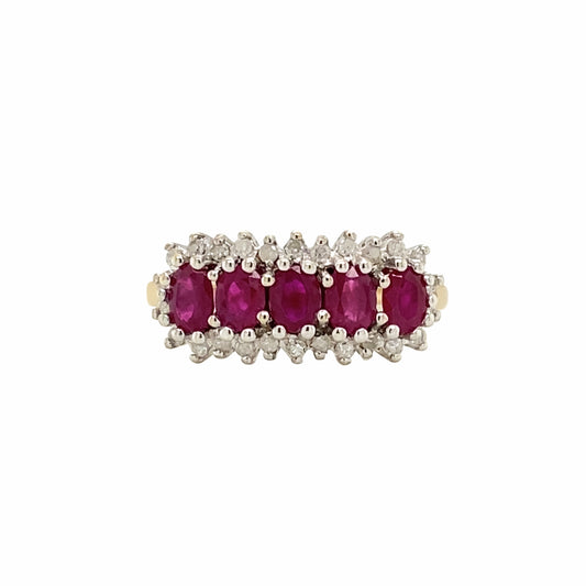 Vintage Ruby and Diamond Horizontal Cluster Dress Ring in 9 Carat Gold
