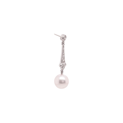 Pearl and Old Cut Diamond Open Work Platinum Drop Earrings