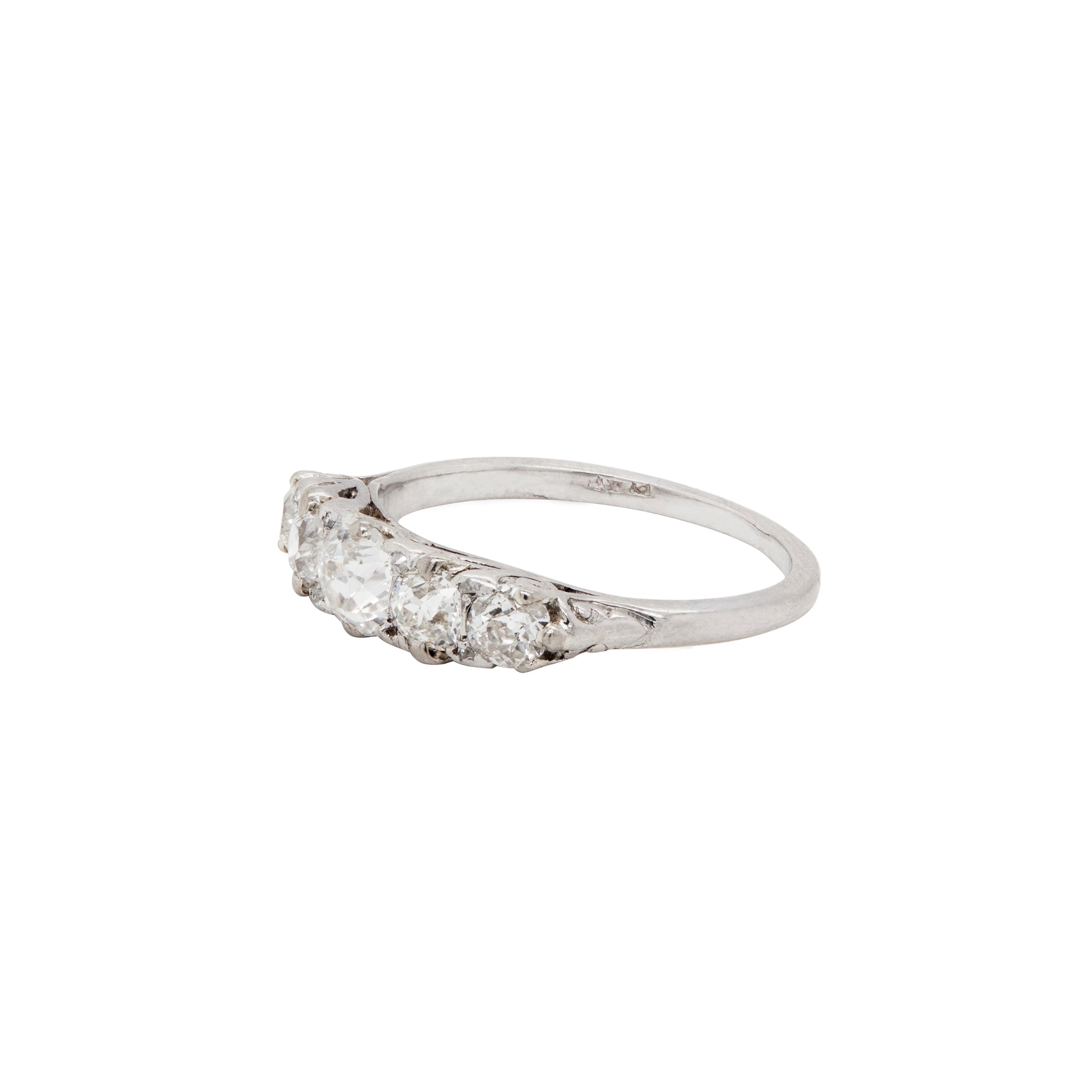 side view Antique Five Stone Old Cut Diamond and Platinum Ring, circa 1900