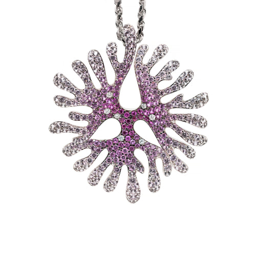 Pink and White Sapphire and Diamond 18 Carat Gold Coral Pendant and Chain