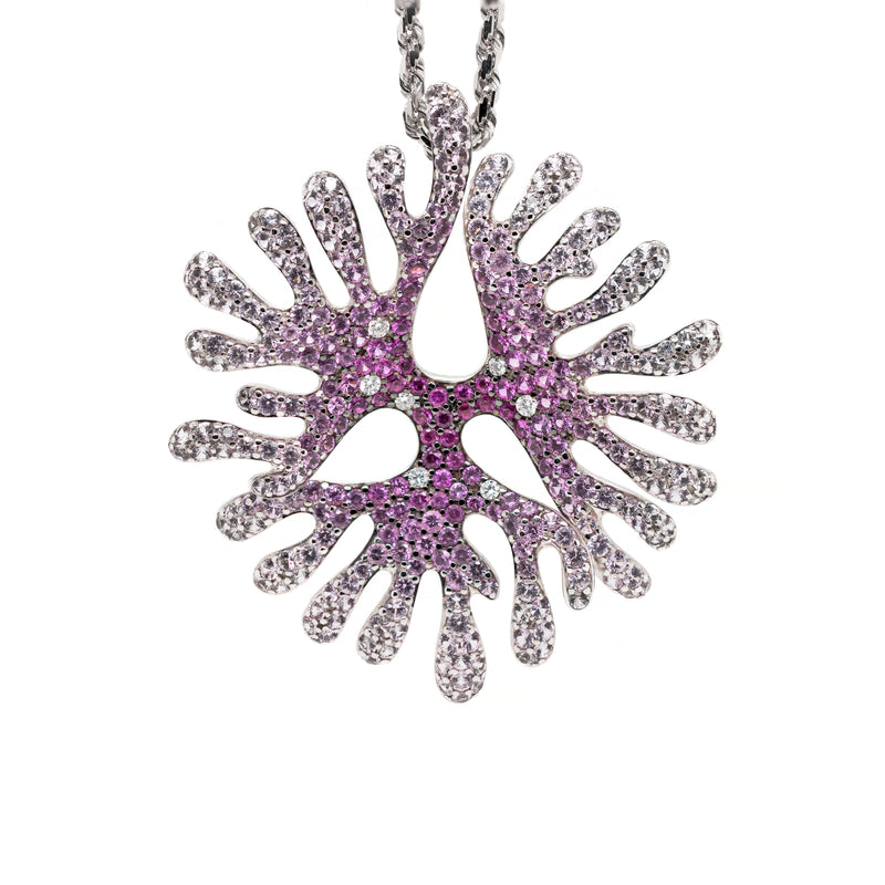 Pink and White Sapphire and Diamond 18 Carat Gold Coral Pendant and Chain