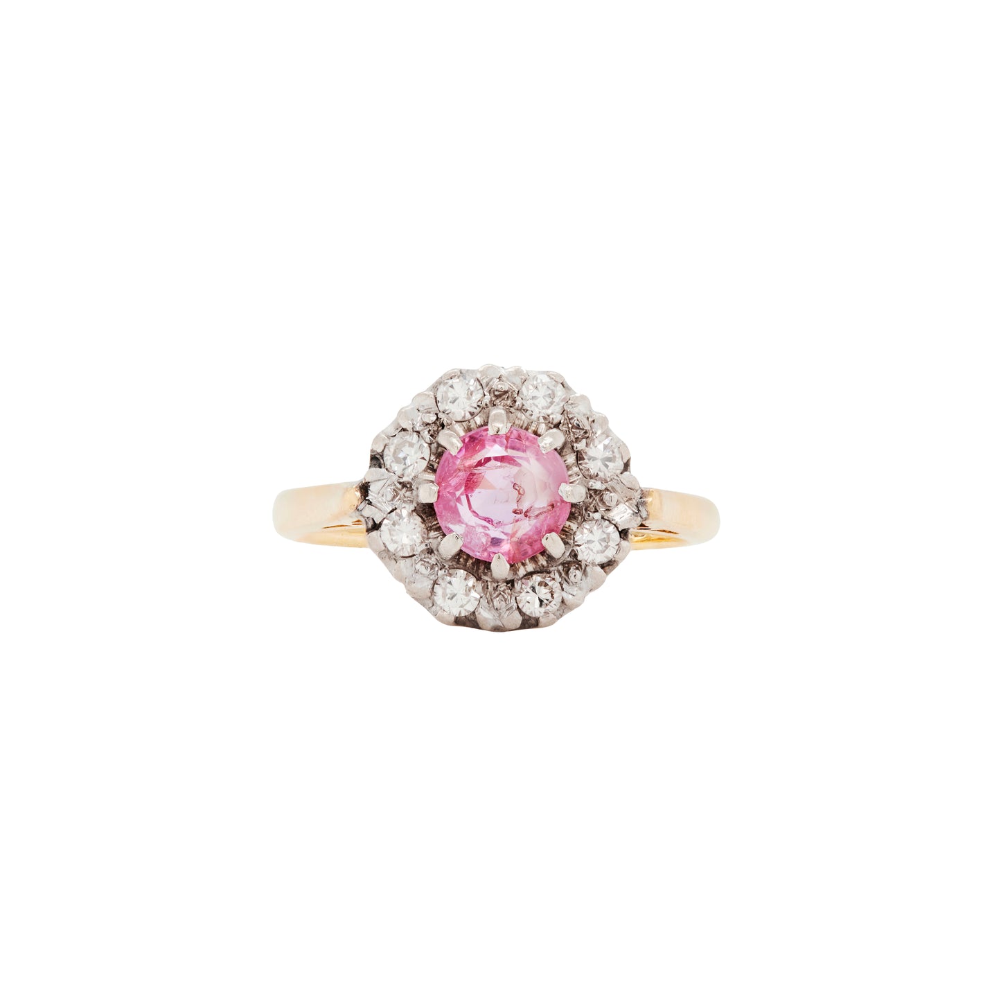 Vintage Pink Sapphire & Diamond Halo 18K Gold Coronet Cluster Engagement Ring