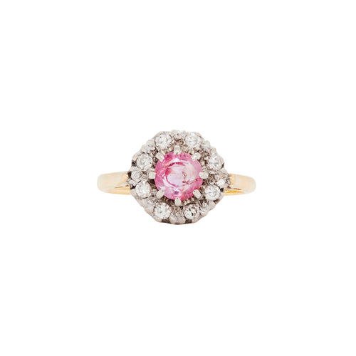 Vintage Pink Sapphire & Diamond Halo 18K Gold Coronet Cluster Engagement Ring