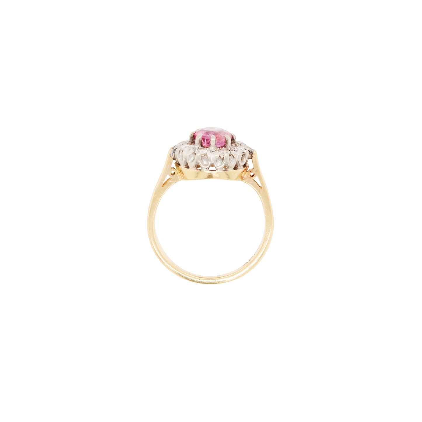 Vintage Pink Sapphire & Diamond Halo 18K Gold Coronet Cluster Engagement Ring