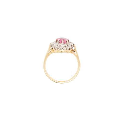 Vintage Pink Sapphire & Diamond Halo 18K Gold Coronet Cluster Engagement Ring