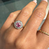Vintage Pink Sapphire & Diamond Halo 18K Gold Coronet Cluster Engagement Ring