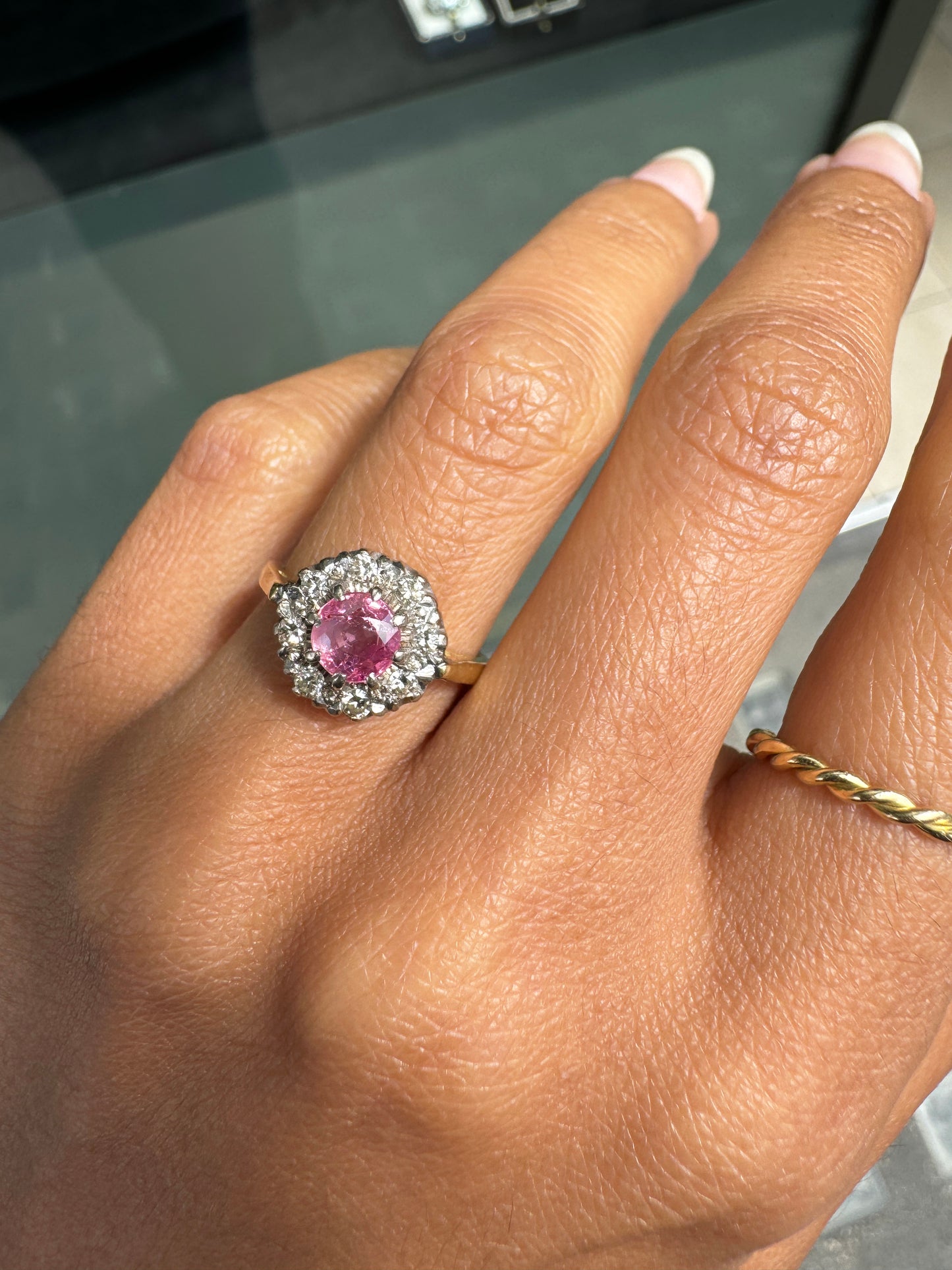 Vintage Pink Sapphire & Diamond Halo 18K Gold Coronet Cluster Engagement Ring