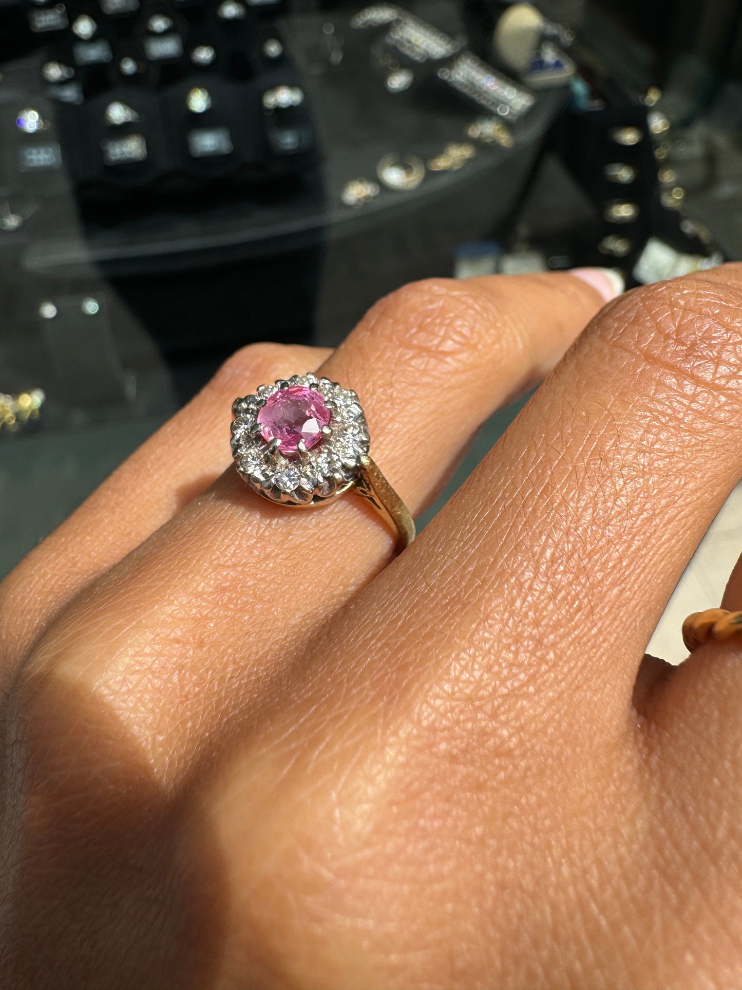 Vintage Pink Sapphire & Diamond Halo 18K Gold Coronet Cluster Engagement Ring