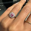 Vintage Pink Sapphire & Diamond Halo 18K Gold Coronet Cluster Engagement Ring