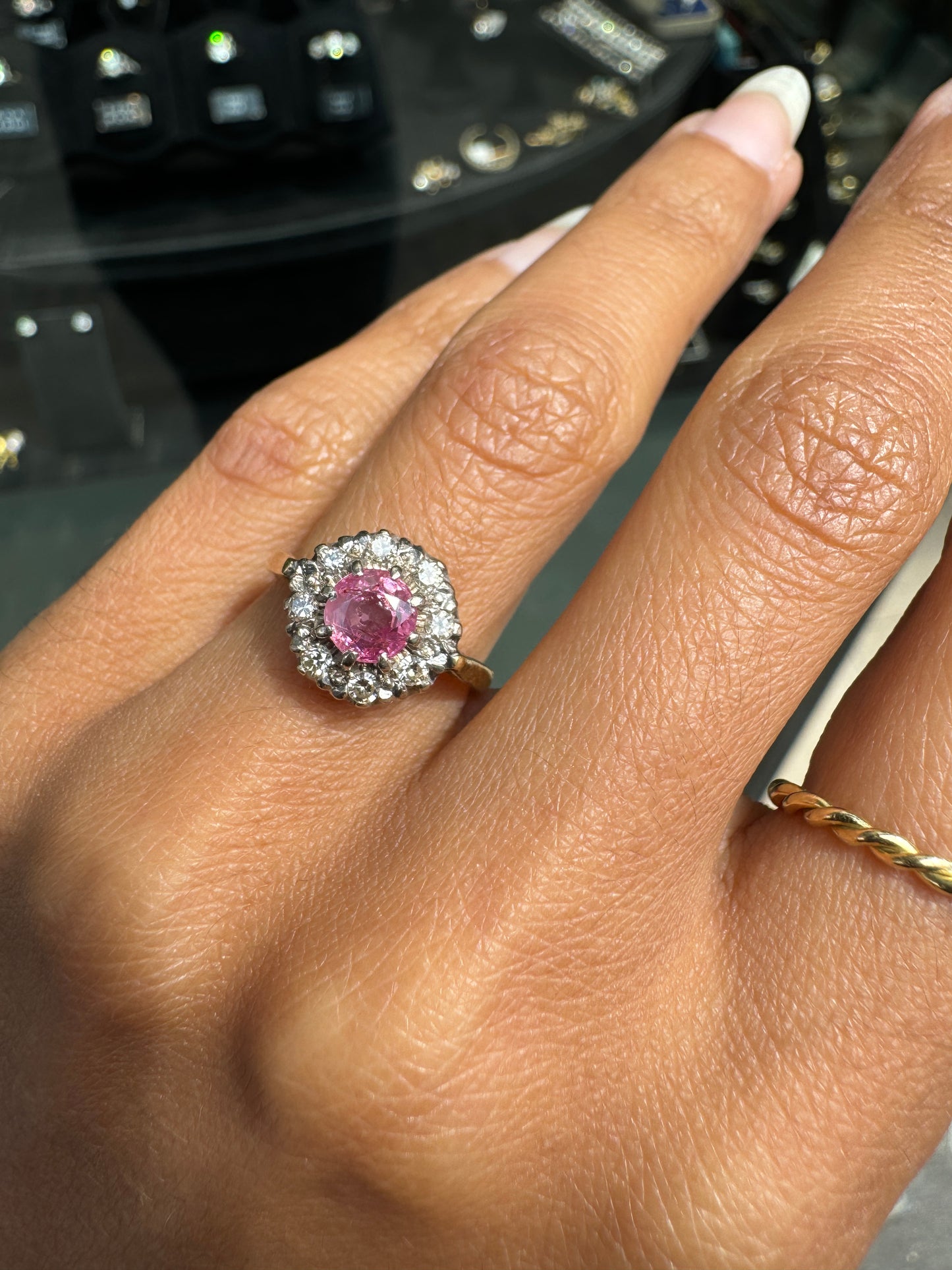 Vintage Pink Sapphire & Diamond Halo 18K Gold Coronet Cluster Engagement Ring