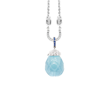 Carved Cabochon Aquamarine Diamond and Sapphire 18ct Gold Drop Necklace