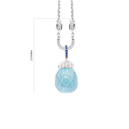 Carved Cabochon Aquamarine Diamond and Sapphire 18ct Gold Drop Necklace