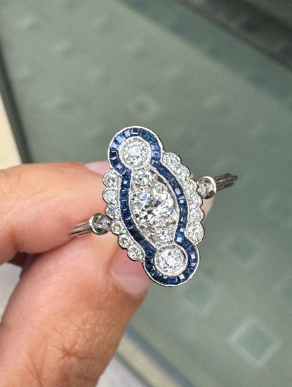 Sapphire and Diamond Art Deco Style Navette Platinum Dress Ring