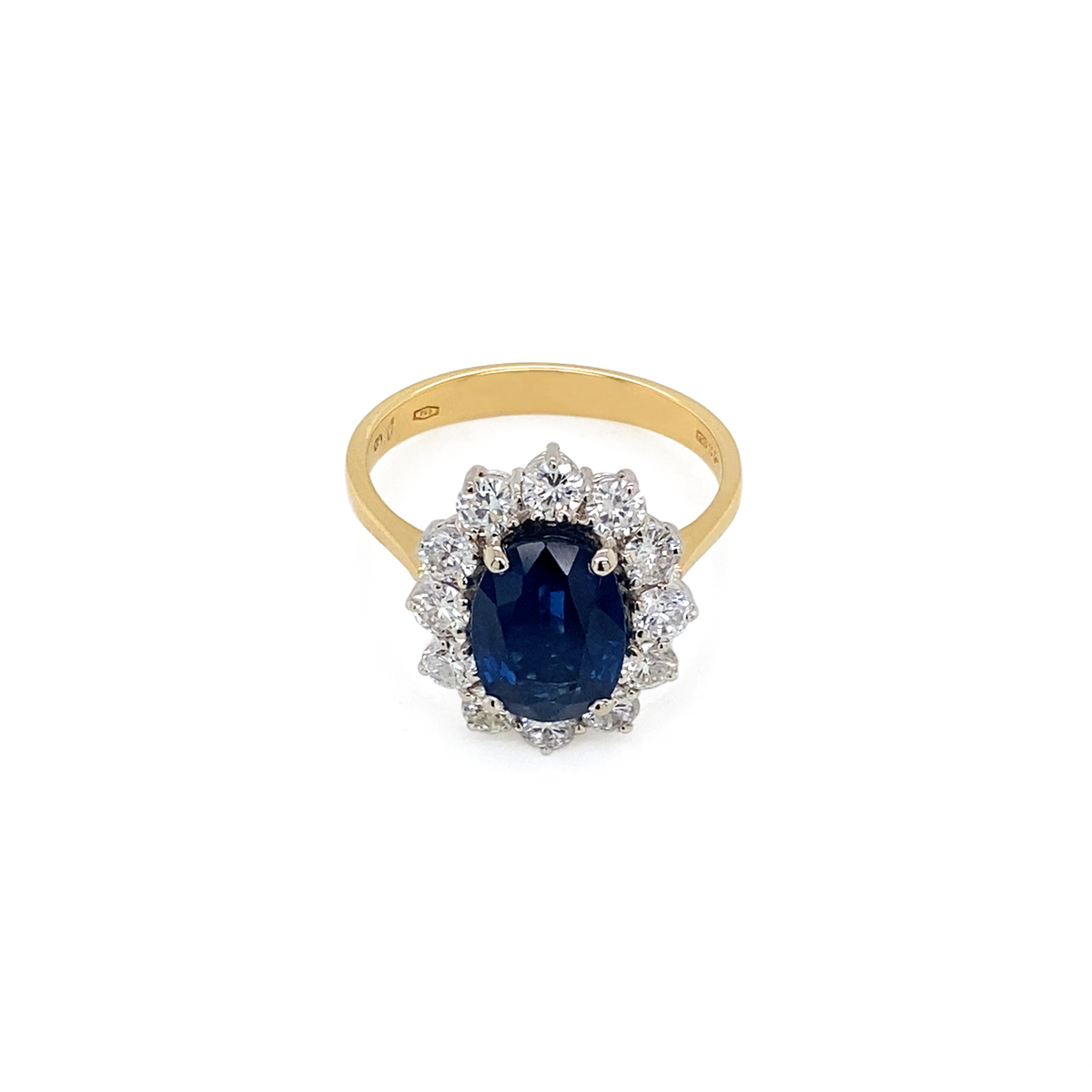 Blue Sapphire and Diamond Halo 18K White and Yellow Gold Cluster Engagement Ring