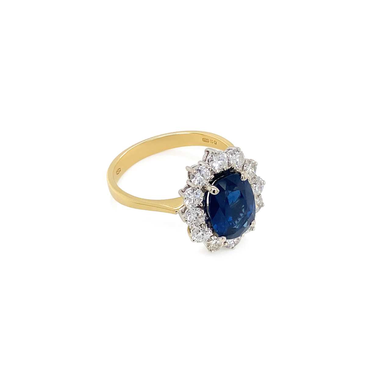 Blue Sapphire and Diamond Halo 18K White and Yellow Gold Cluster Engagement Ring